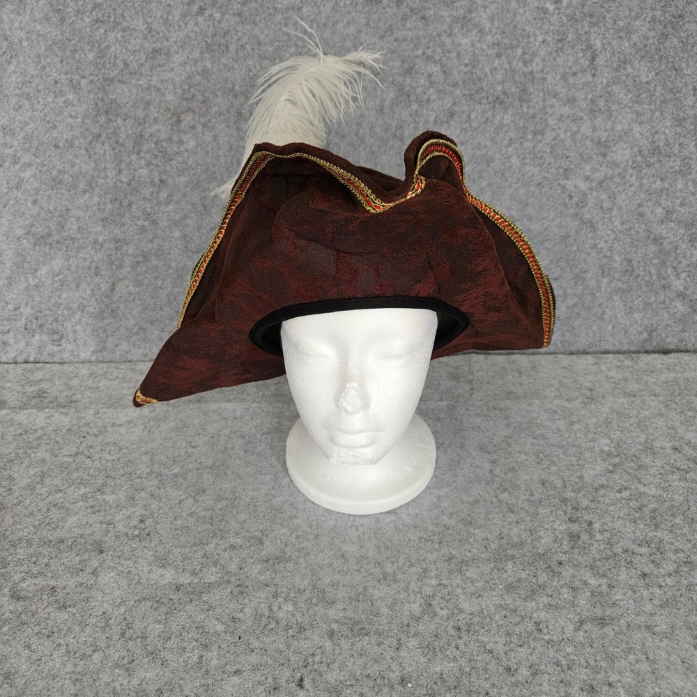 Burgundy Brocade Tricorn Pirate Hat with Gold Trim and White Feather Plume
